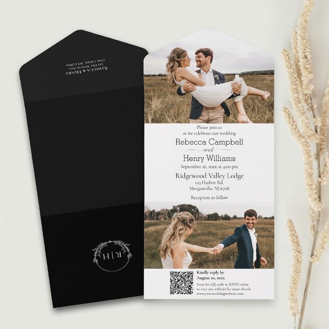 Modernes Schwarzes Foto | Monogramm | QR-Code All In One Einladung (Simplify your wedding with our all-in-one invitation – convenience and beauty in a single card.)
