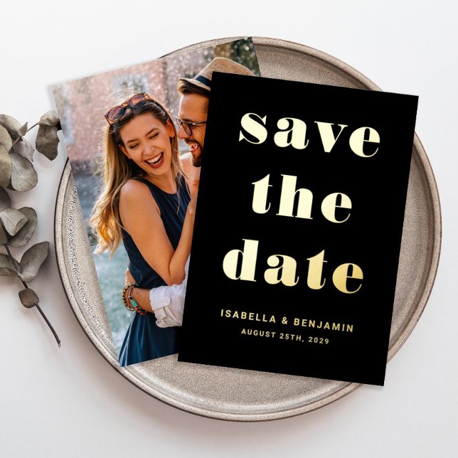 Modernes Schwarzes Foto Save the Date Gold Folieneinladung (Modern Black Photo Save The Date Gold Foil Invitation)