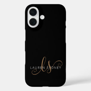 Modernes Schwarzes Gold Feminin Script Mit Monogra iPhone 16 Hülle