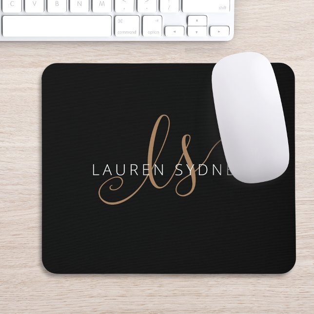 Modernes Schwarzes Gold Feminin Script Mit Monogra Mousepad (Von Creator hochgeladen)