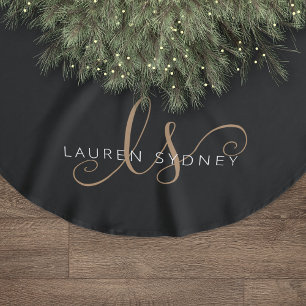 Modernes Schwarzes Gold Feminin Script Mit Monogra Polyester Weihnachtsbaumdecke