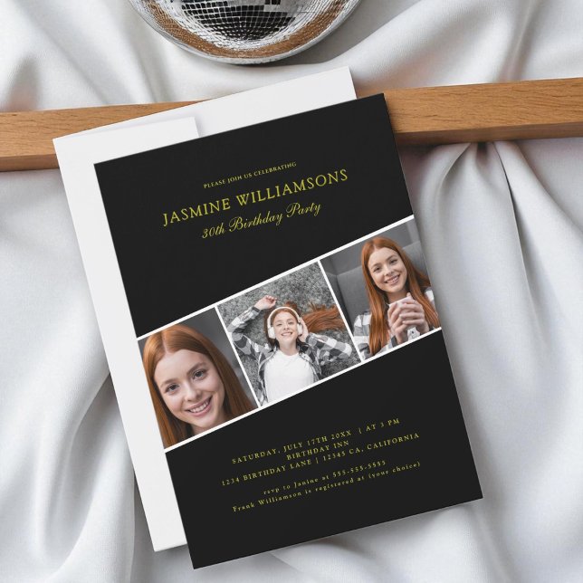 Modernes Schwarzes Gold mit drei Foto Collage Gebu Einladung (Von Creator hochgeladen)