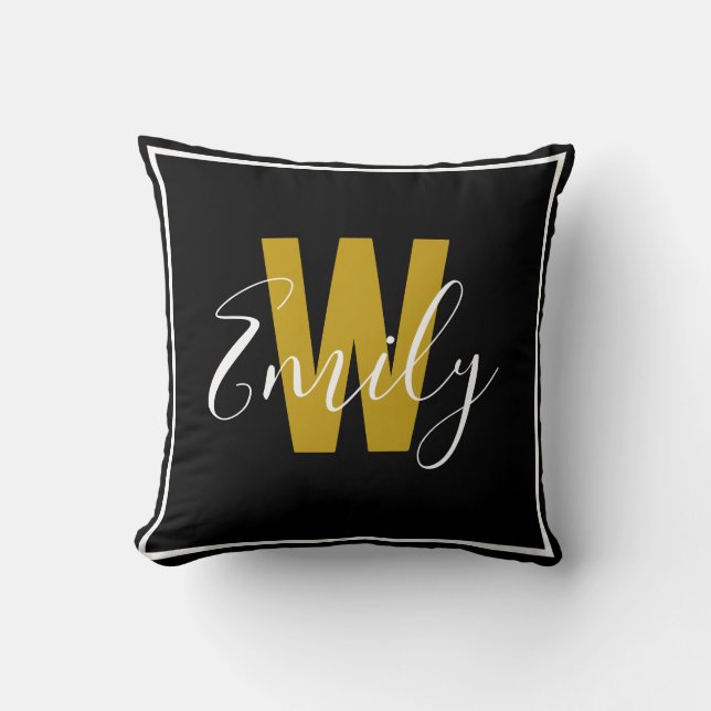 Modernes Schwarzes Gold Monogram Border Kissen (Vorderseite)