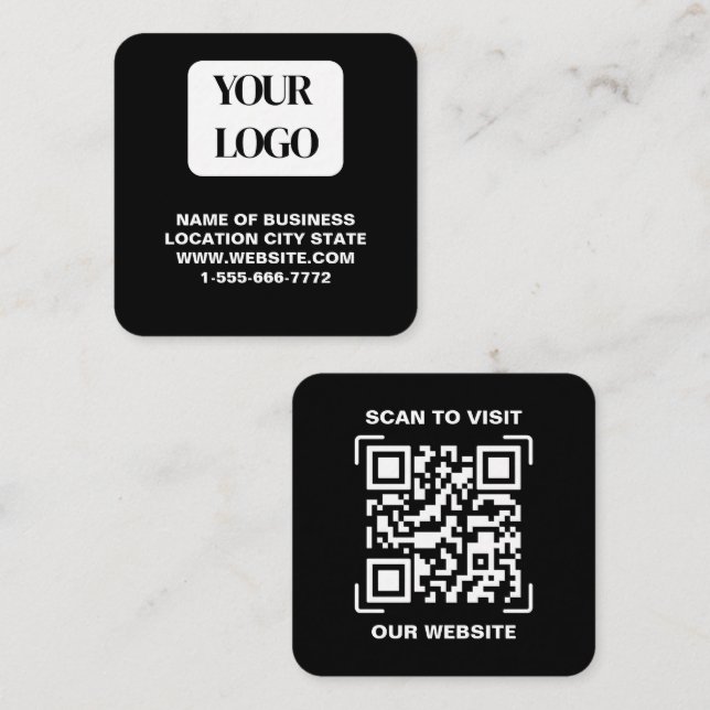 Modernes schwarzes Logo QR-Code-Scan-Website Quadr Quadratische Visitenkarte (Vorne/Hinten)