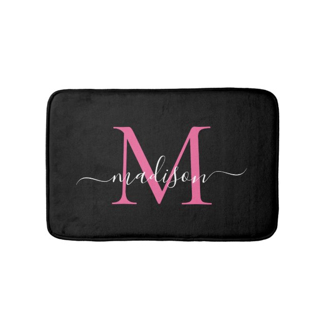 Modernes Schwarzes Magenta Rosa Monogram Script El Badematte (Vorderseite)