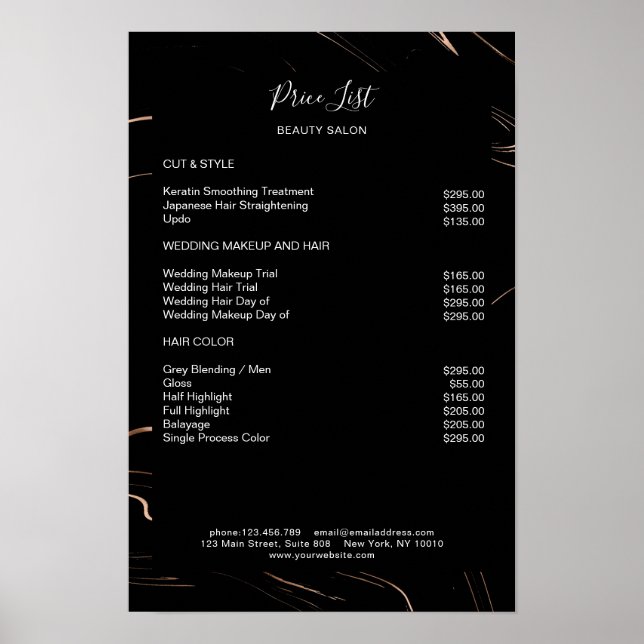 Modernes schwarzes Marmorrosegold-Preisschild Poster (Vorne)