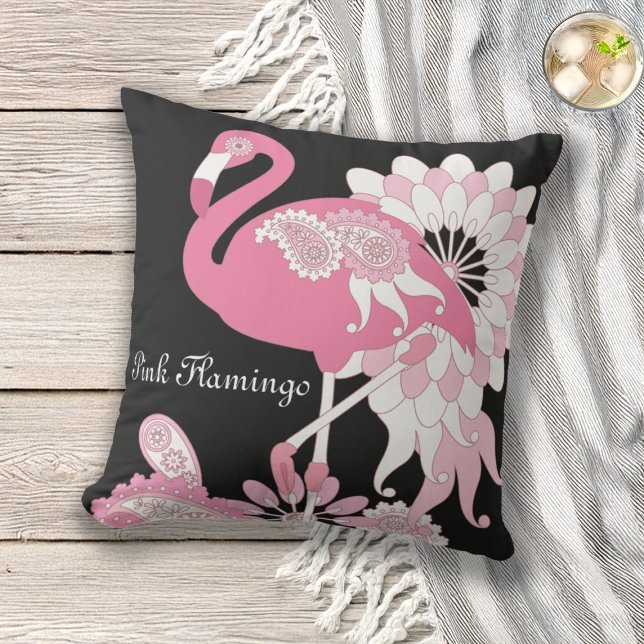 Modernes Schwarzes Paisley Pink Flamingo Außenbere Kissen Für Draußen (Von Creator hochgeladen)