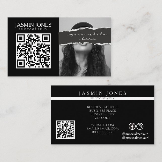 Modernes schwarzes QR-Code-Foto Visitenkarte (Vorne/Hinten)