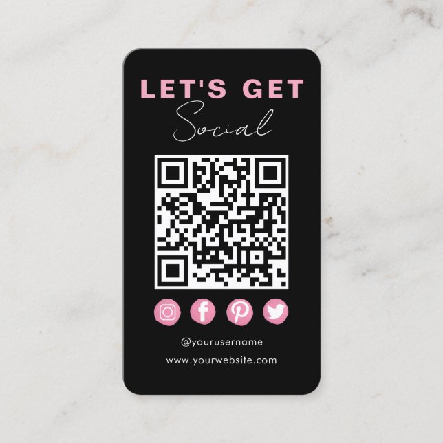 Modernes Schwarzes Rosa Verbinden Sie uns mit QR-C Visitenkarte (Vorderseite)