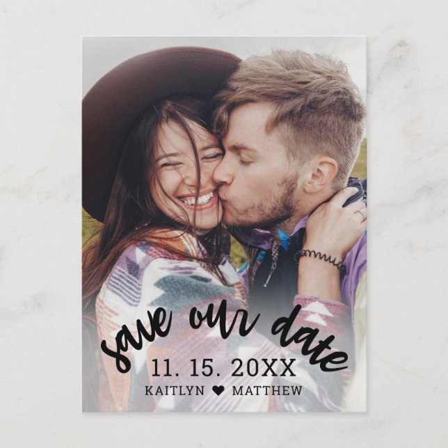 Modernes Schwarzes Script-Foto Hochzeit Rettete un Ankündigungspostkarte (Vorderseite)