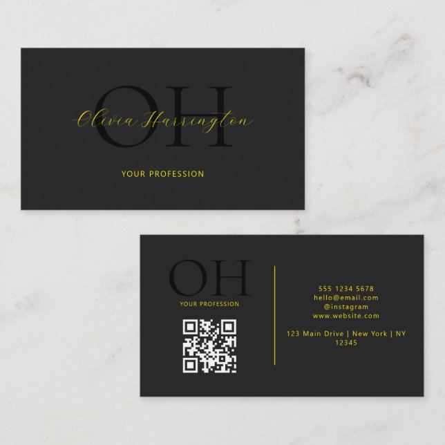 Modernes, schwarzes und gelbes QR-Code Visitenkarte (Vorne/Hinten)