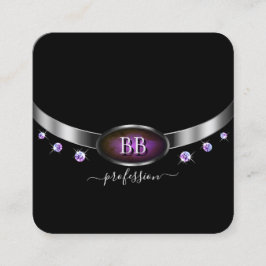 Modernes Schwarzsilber Lila mit Monogram Diamonds Quadratische Visitenkarte