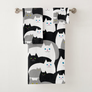 Modernes Schwarzweiss-Miezekatze-Katzen-Muster Badhandtuch Set