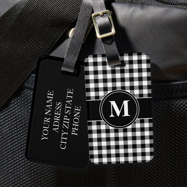Modernes Schwarzweiß-Weiß-Monogramm Gepäckanhänger (Monogram Black & White Gingham Checks Pattern Luggage Tag)