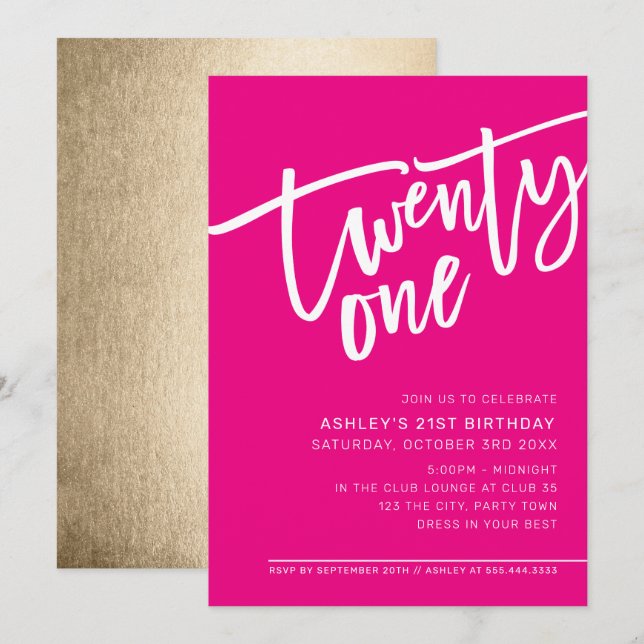 MODERNES SCRIPT 21. Geburtstag Party rosa Weiß Einladung (Vorne/Hinten)