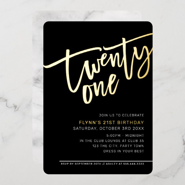 MODERNES SCRIPT 21. Geburtstag Party Schwarz-weiß Folieneinladung (Vorderseite/Rückseite)