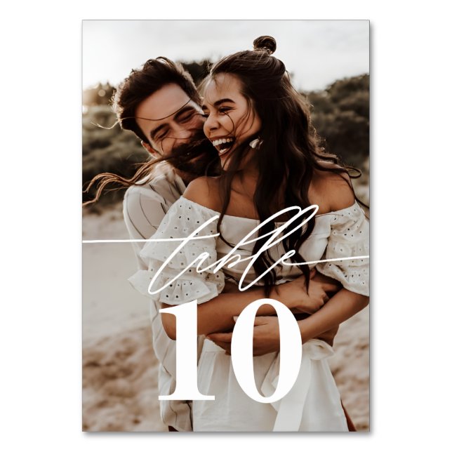 Modernes Script 2-Foto Hochzeit Tischnummer (Vorderseite)