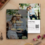 Modernes Script 2 Fotos schwarzer QR Code Online-U Folieneinladung<br><div class="desc">Eine moderne und trendige doppelseitige Einladung zur Hochzeit, die Ihre Hochzeitsinformationen über eines Ihrer Lieblingsfotos mit einem schwarzen transparenten Overlay und eleganter Schriftzeichen-Typografie in echter Goldfolie präsentiert. Einfach anpassbar mit den Details Ihrer Hochzeitsfeier in Weiß und den Namen der Braut und Bräuche in echter Goldfolie, für einen romantischen, aber modernen...</div>