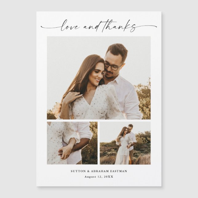 Modernes Script 3 Foto Hochzeit Danke Magnet (Vorderseite)