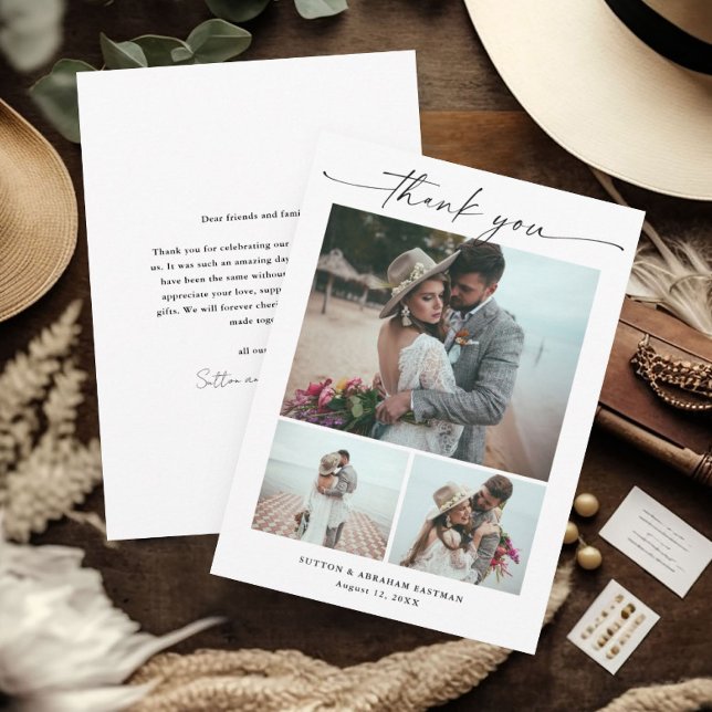Modernes Script 3 Foto Hochzeit Dankeskarte (Elegant 3 photo wedding thank you card with modern handwritten script typography.)