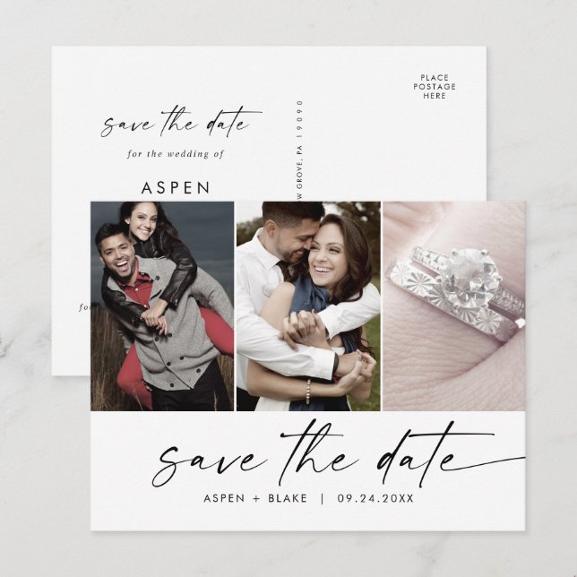 Modernes Script 3 Foto Save the Date Einladungspostkarte (Vorne/Hinten)