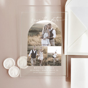 Modernes Script 3 Foto White Wedding Save the Date Acryleinladungen
