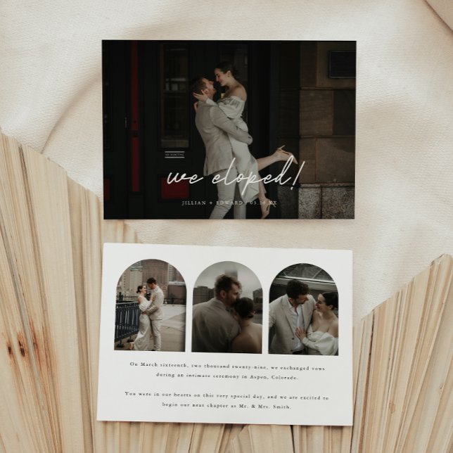 Modernes Script 4-Foto Arch Wedding 'We Eloped'! Ankündigung (Von Creator hochgeladen)