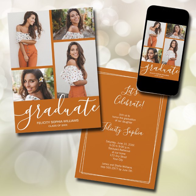 Modernes Script 4 Foto Burnt Orange Abschluss Ankündigung (Modern Script 4 Photo Burnt Orange Graduation Announcements - PRINTED and/or INSTANT DOWNLOAD)