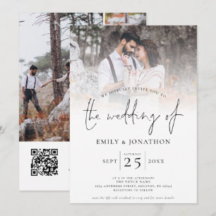 Modernes Script 4 Foto Grid QR Code Hochzeit Einladung