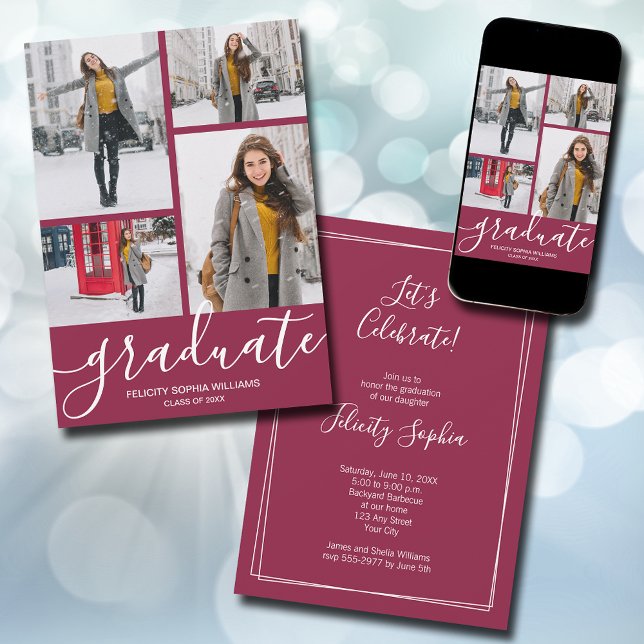 Modernes Script 4 Foto Maroon Abschluss Ankündigung (Modern script 4 photo maroon graduation announcements - PRINTED and/or INSTANT DOWNLOAD)