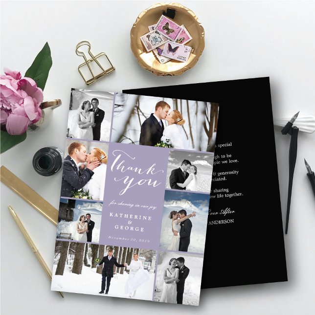 Modernes Script 8 Multi-Foto Stilvolle Lila Hochze Dankeskarte (Modern Classy Script 8 Multi Photo Collage Stylish Wedding Thank You Card @ fatfatin_blue_knot)