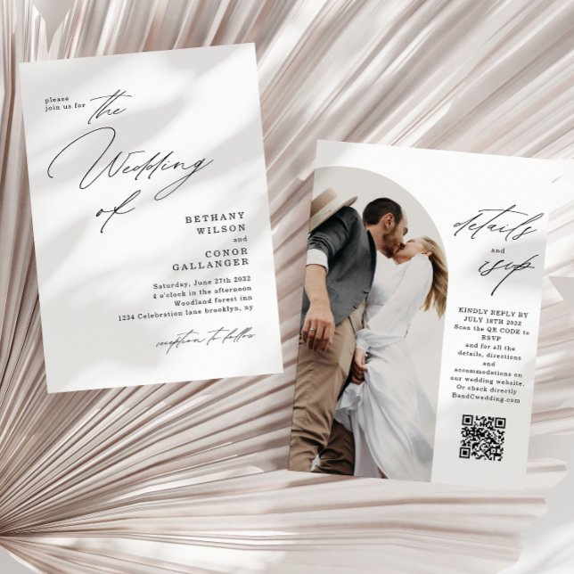 Modernes Script Arch Foto QR Code Hochzeit Einladung (Von Creator hochgeladen)