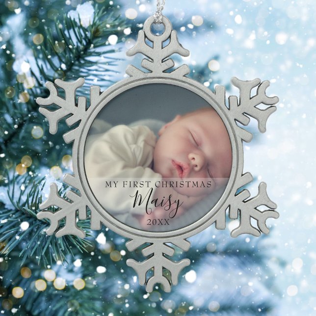 Modernes Script Baby Foto Erste Weihnachten Schneeflocken Zinn-Ornament (Von Creator hochgeladen)