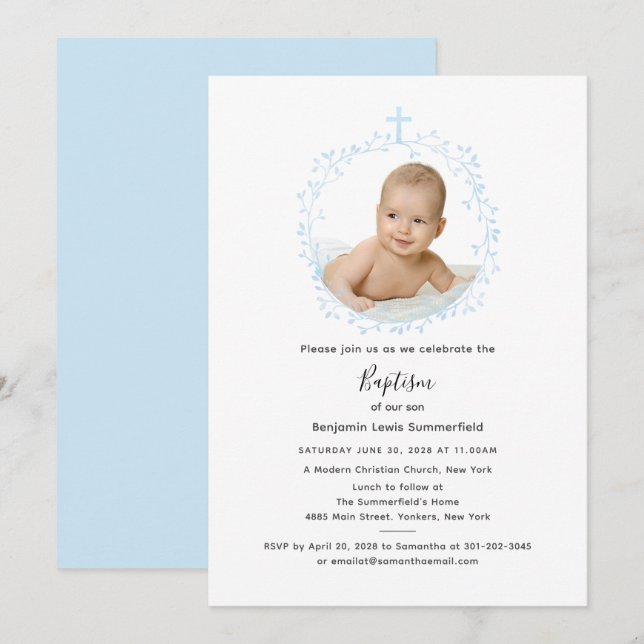 Modernes Script Baptisse Baby Foto Einladung (Vorne/Hinten)