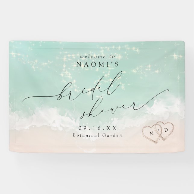 Modernes Script Beach Herz Brautparty Willkommen Banner (Horizontal)