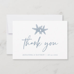 Modernes Script Beach Starfish Dusty Blue Wedding Dankeskarte