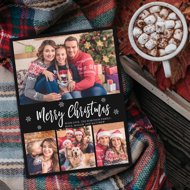 Modernes Script Black 4 Foto Collage Weihnachten Postkarte (Von Creator hochgeladen)