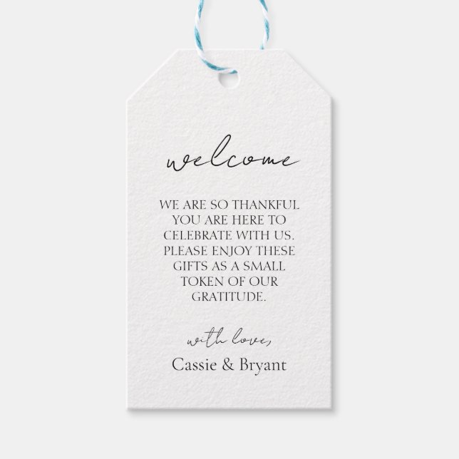 Modernes Script Black and White Wedding Willkommen Geschenkanhänger (Vorderseite)