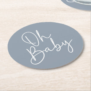 Modernes Script Blue Oh Baby Simple Baby Dusche Runder Pappuntersetzer