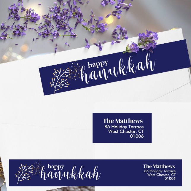 Modernes Script Blue & White Hanukkah Rücksendeadr (Von Creator hochgeladen)