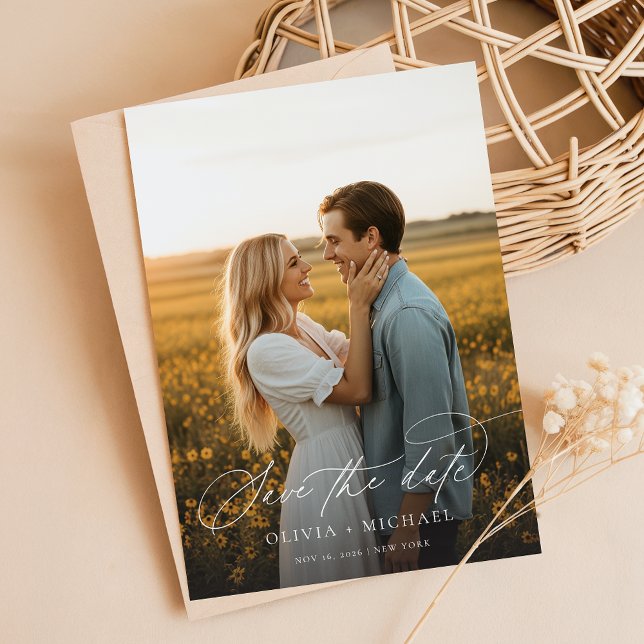 Modernes Script Boho Wedding Foto Save The Date (Von Creator hochgeladen)