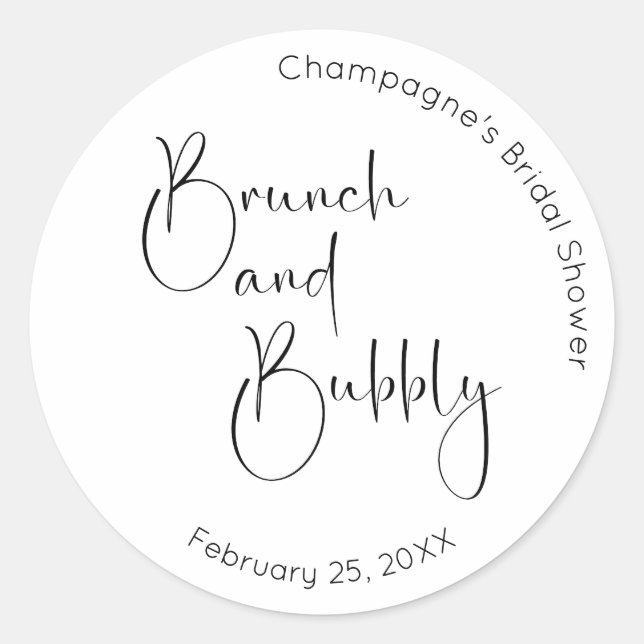 Modernes Script Brautparty Brunch und Bubbly Runder Aufkleber (Vorderseite)