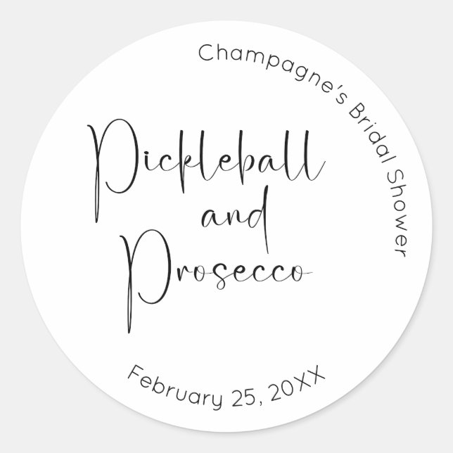 Modernes Script Brautparty Pickleball & Prosecco Runder Aufkleber (Vorderseite)