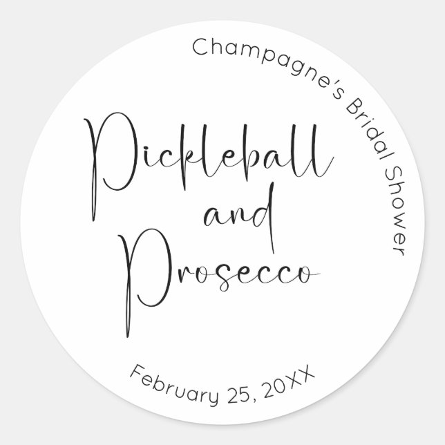 Modernes Script Brautparty Pickleball & Prosecco Runder Aufkleber (Vorderseite)