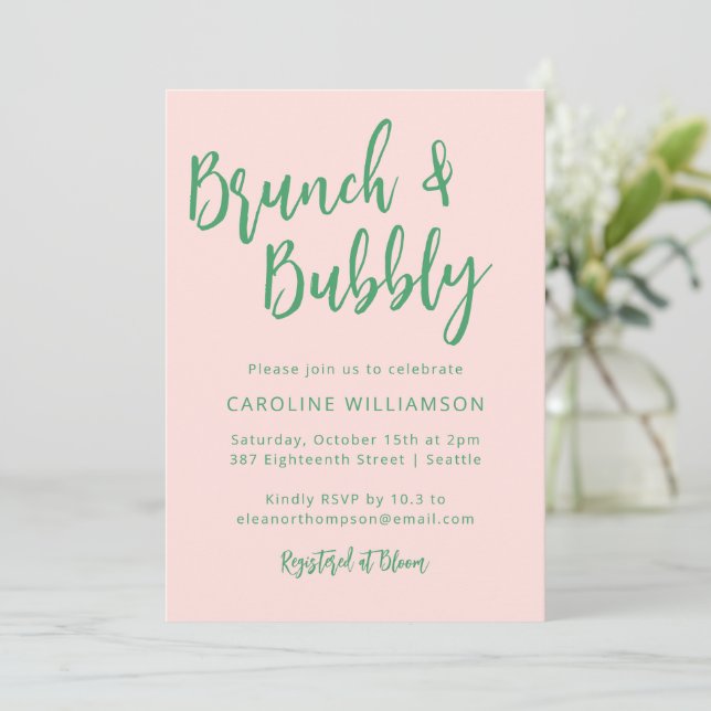 Modernes Script Brunch Bubbly Dusche Rosa Grün Einladung (Stehend Vorderseite)