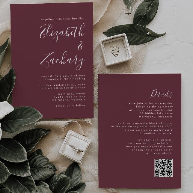 Modernes Script Burgundy QR Code Hochzeit Einladung (Von Creator hochgeladen)