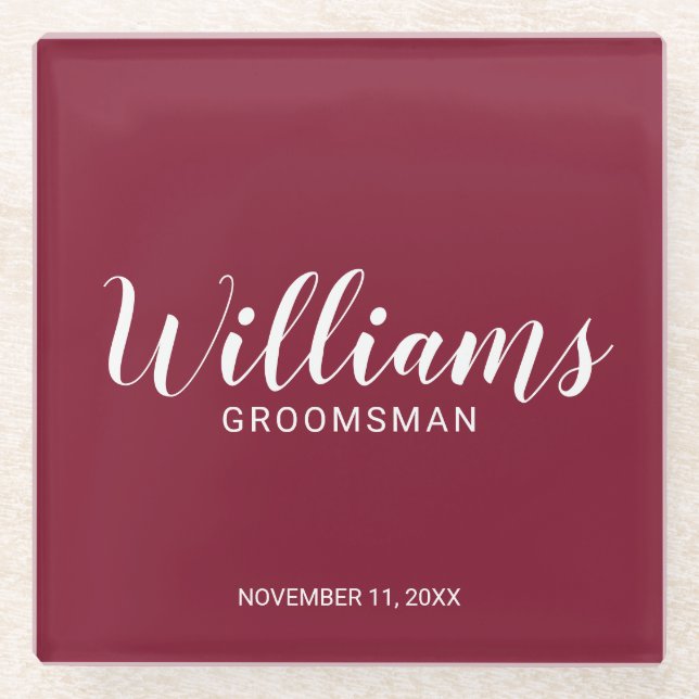 Modernes Script Burgundy Red Personalisiert Trauze Glasuntersetzer (Vorderseite)