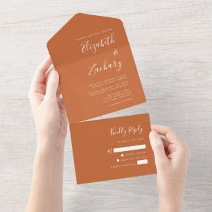 Modernes Script Burnt Orange Wedding All In One Einladung