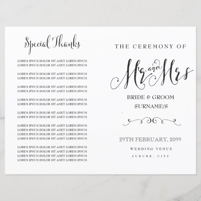 Modernes Script Calligraphy Mr & Mrs. Wedding Prog (Vorderseite)