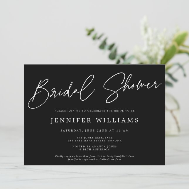 Modernes Script Chic Black + White Brautparty Einladung (Stehend Vorderseite)